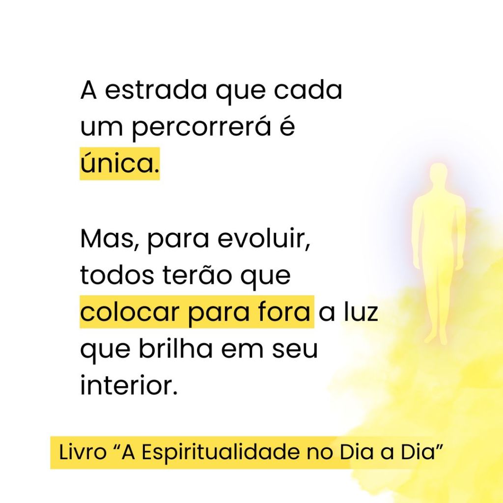 A estrada que cada um percorrerá é única.
Mas, para evoluir todos terão que colocar para fora a luz que brilha em seu interior.
Livro: A Espiritualidade no Dia a Dia
