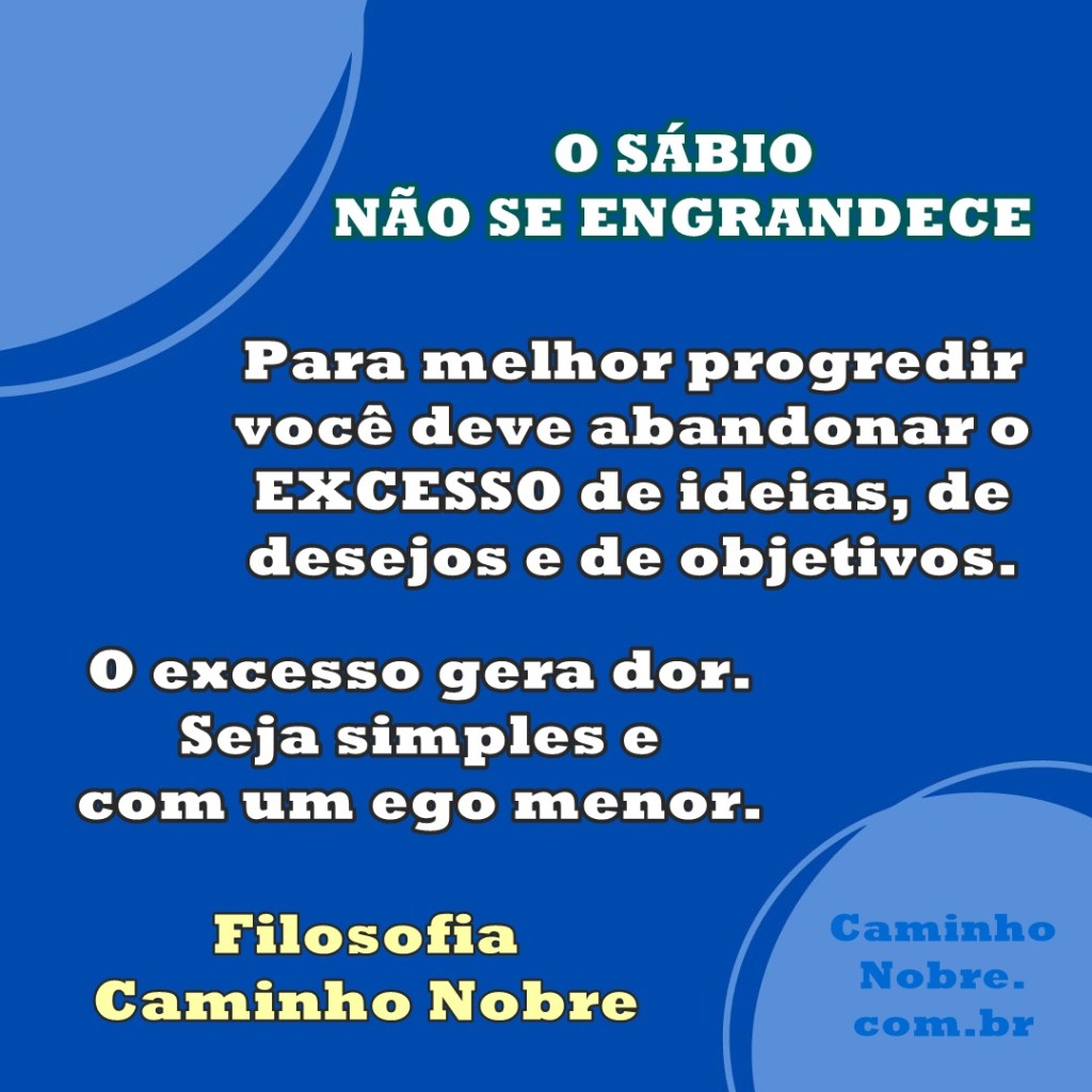 Para melhor progredir você deve abandonar o excesso de ideias, de desejos e de objetivos. O excesso gera dor. Seja simples e com um ego menor.
Filosofia Caminho Nobre
