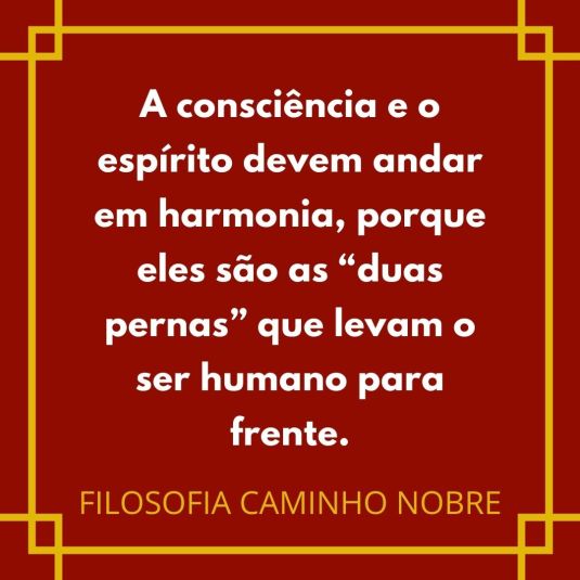 A consciência e o espírito devem andar em harmonia, porque eles são as “duas pernas” que levam o ser humano para frente.
FILOSOFIA CAMINHO NOBRE
